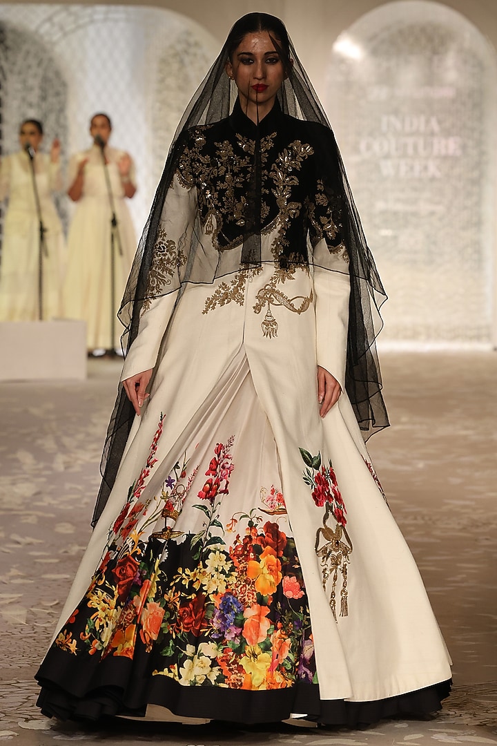 Ivory & Black Matka Silk Floral Embroidered Jacket by Rohit Bal at Pernia's Pop Up Shop
