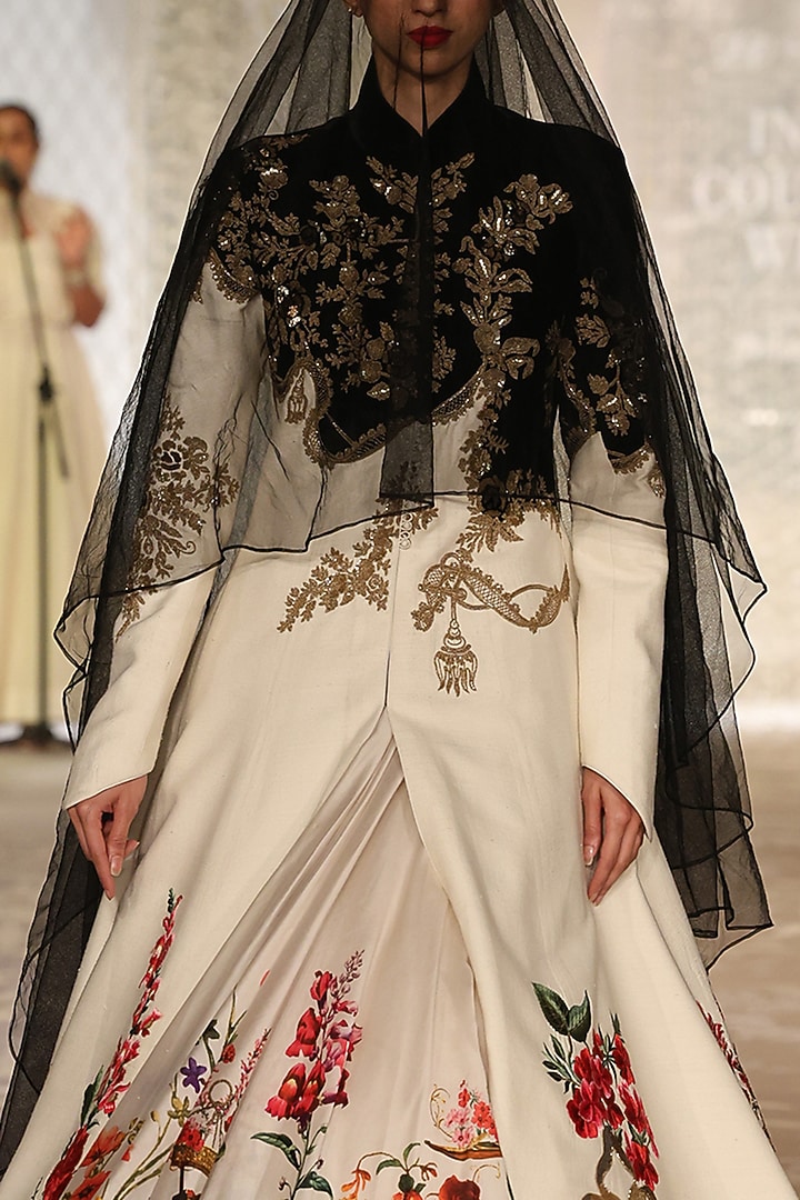 Ivory & Black Matka Silk Floral Embroidered Jacket by Rohit Bal at Pernia's Pop Up Shop
