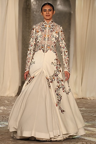 Ivory Matka Silk Embroidered Long Jacket by Rohit Bal