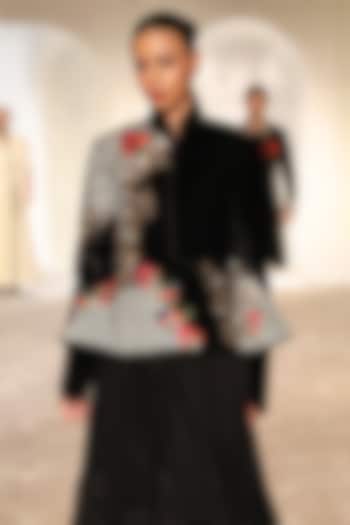 Black & Ivory Velvet Floral Embroidered Short Jacket by Rohit Bal at Pernia's Pop Up Shop