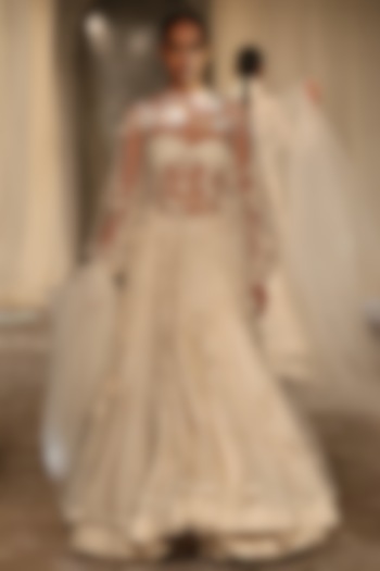 Ivory Net Resham Embroidered Maxi Party Wear Dress by Rohit Bal at Pernia's Pop Up Shop