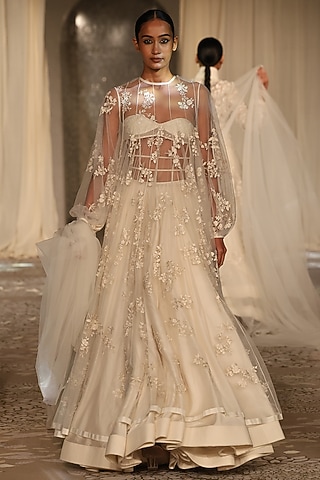 Ivory Net Resham Embroidered Maxi Dress by Rohit Bal