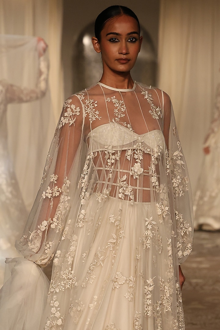 Ivory Net Resham Embroidered Maxi Party Wear Dress by Rohit Bal at Pernia's Pop Up Shop