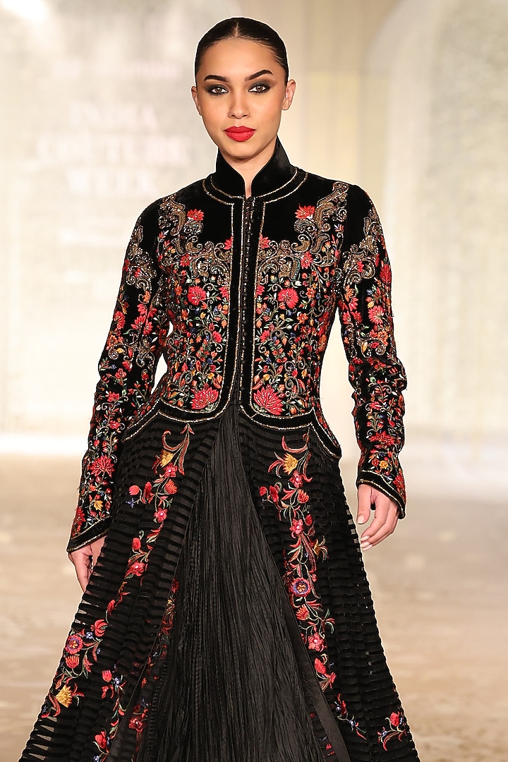 Black Velvet Embroidered Long Jacket by Rohit Bal at Pernia's Pop Up Shop