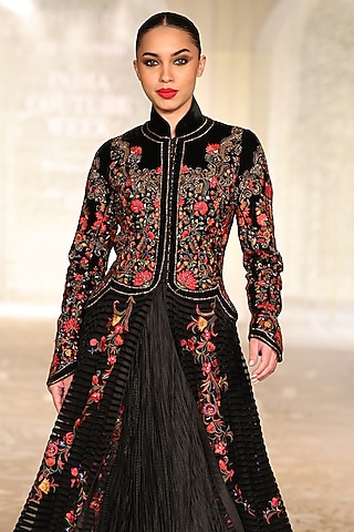 Black Velvet Embroidered Long Jacket by Rohit Bal