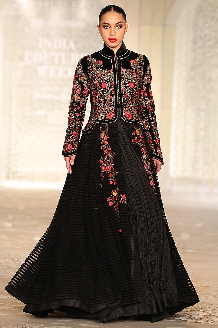 Black Velvet Embroidered Long Jacket by Rohit Bal at Pernia's Pop Up Shop