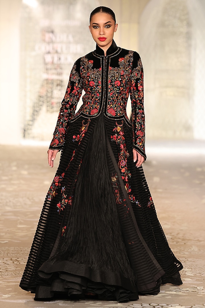 Black Velvet Embroidered Long Jacket by Rohit Bal at Pernia's Pop Up Shop