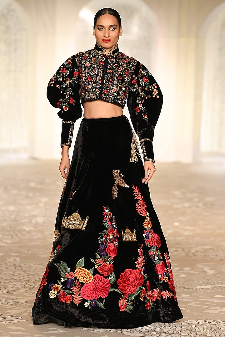 Black Velvet Embroidered Bridal Lehenga Set by Rohit Bal at Pernia's Pop Up Shop