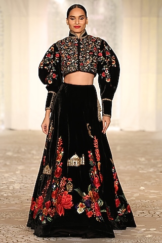 Black Velvet Embroidered Lehenga Set by Rohit Bal