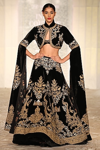 Black Velvet Embroidered Lehenga Set by Rohit Bal