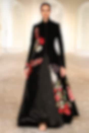 Black Velvet Embroidered Long Jacket by Rohit Bal at Pernia's Pop Up Shop