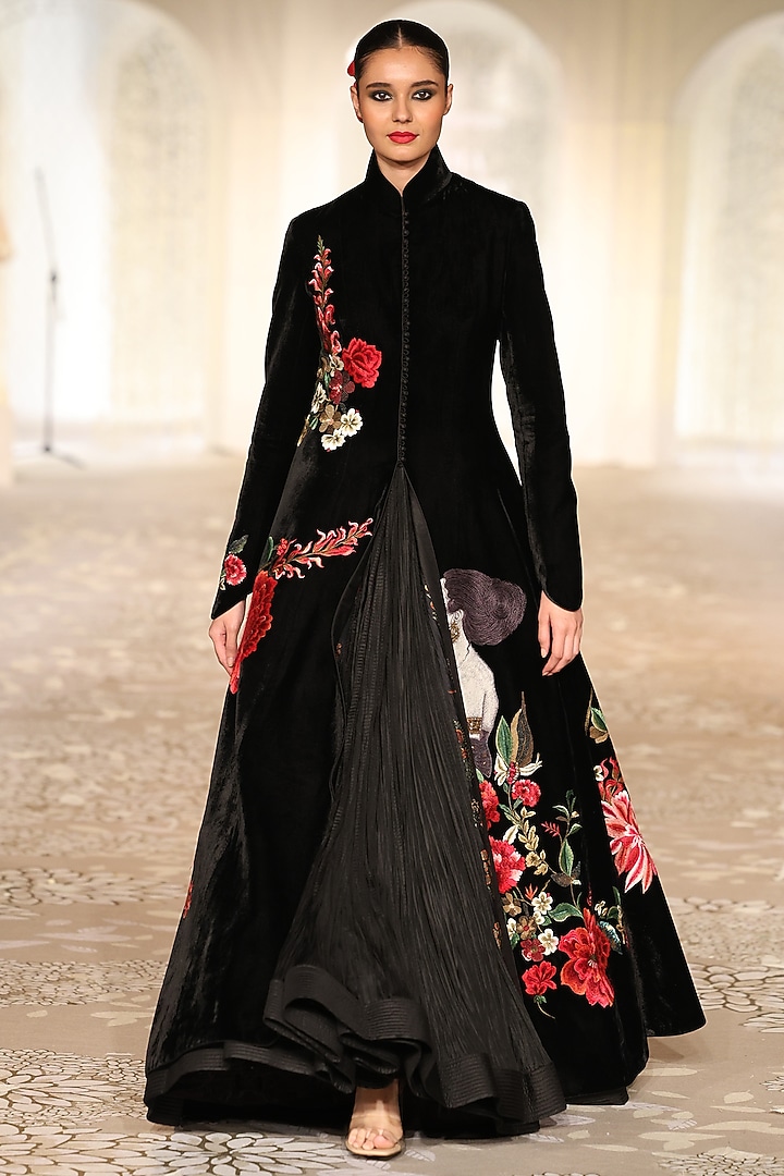 Black Velvet Embroidered Long Jacket by Rohit Bal at Pernia's Pop Up Shop