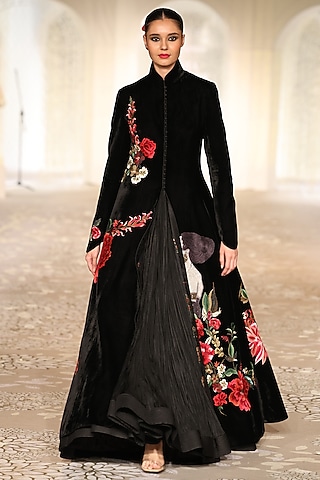 Black Velvet Embroidered Long Jacket by Rohit Bal