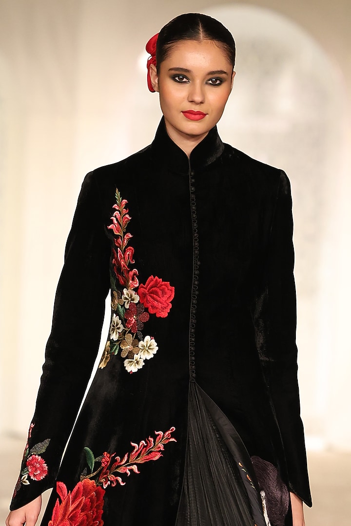Black Velvet Embroidered Long Jacket by Rohit Bal at Pernia's Pop Up Shop
