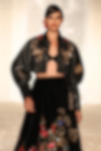 Black Leather Embroidered Short Jacket by Rohit Bal at Pernia's Pop Up Shop