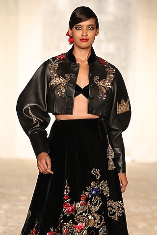 Black Leather Embroidered Short Jacket by Rohit Bal