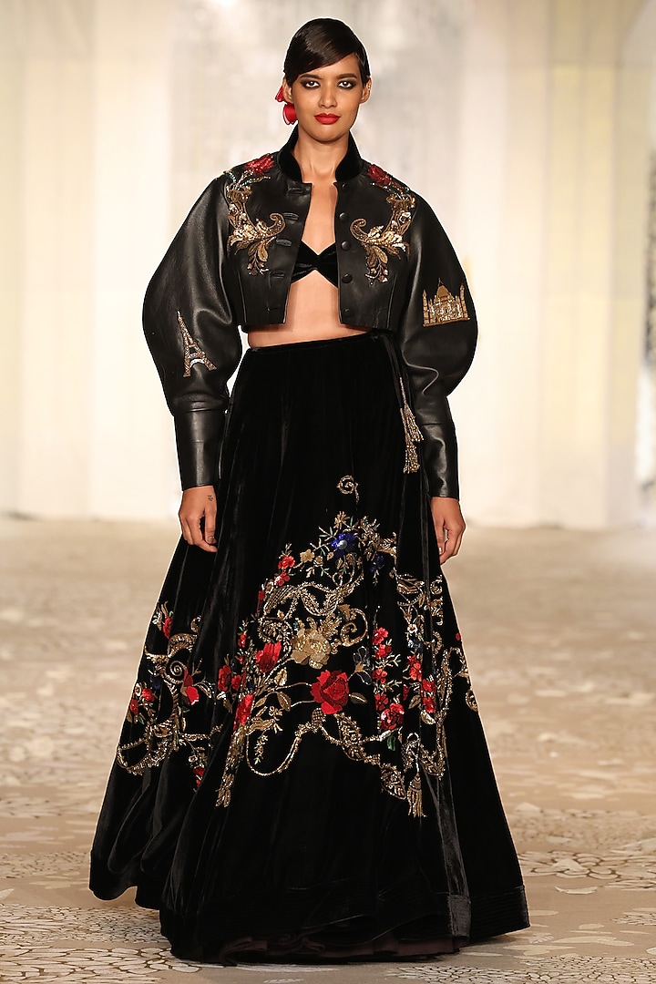 Black Leather Embroidered Short Jacket by Rohit Bal at Pernia's Pop Up Shop