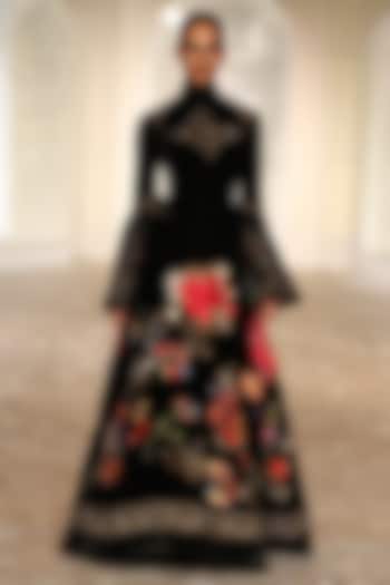 Black Velvet Floral Embroidered Bridal Lehenga Set by Rohit Bal at Pernia's Pop Up Shop