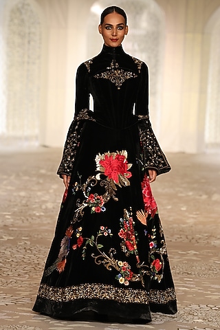 Black Velvet Floral Embroidered Lehenga Set by Rohit Bal