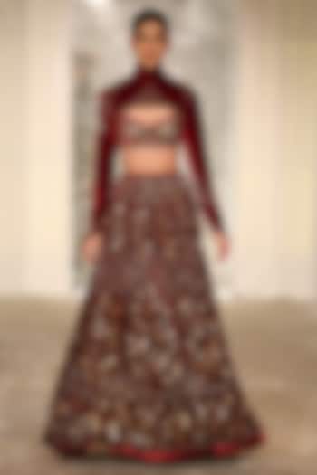 Wine Velvet Floral Embroidered Bridal Lehenga Set by Rohit Bal at Pernia's Pop Up Shop