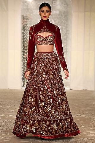 Wine Velvet Floral Embroidered Lehenga Set by Rohit Bal