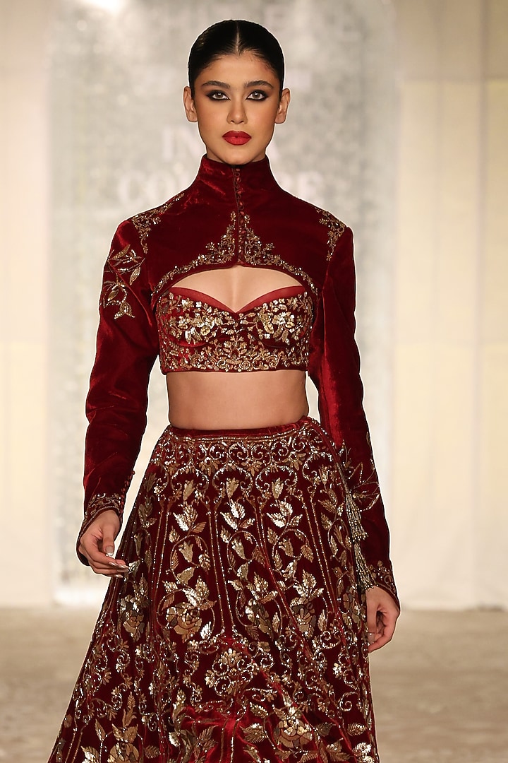 Wine Velvet Floral Embroidered Bridal Lehenga Set by Rohit Bal at Pernia's Pop Up Shop