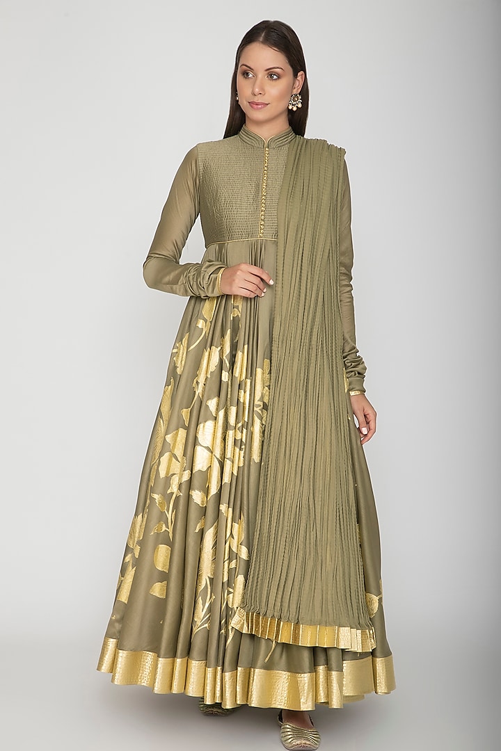 Olive Green Foil Printed Anarkali With Dupatta by Rohit Bal