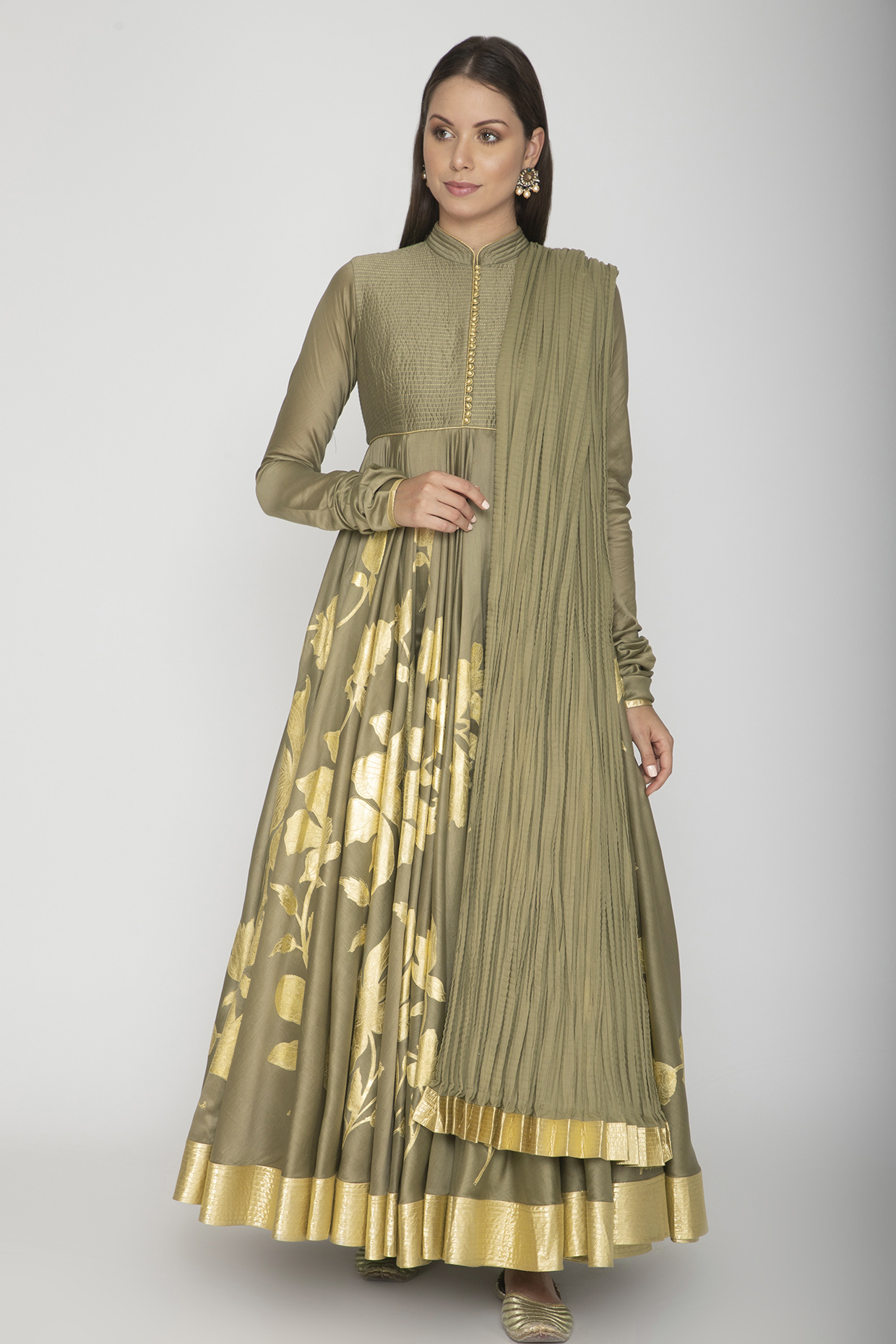 Olive Green Foil Printed Wedding Anarkali With Dupatta by Rohit Bal at Pernia's Pop Up Shop