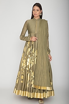 Olive Green Foil Printed Anarkali With Dupatta Design by Rohit Bal at ...