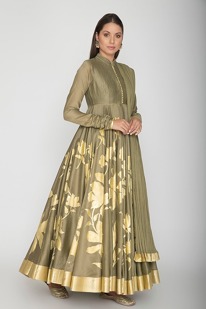 Olive Green Foil Printed Anarkali With Dupatta Design by Rohit Bal at ...