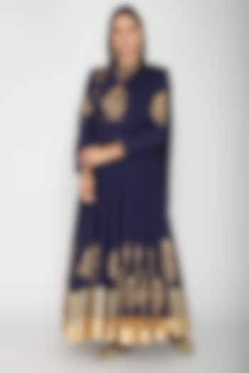 Midnight Blue Block Printed Anarkali With Dupatta by Rohit Bal