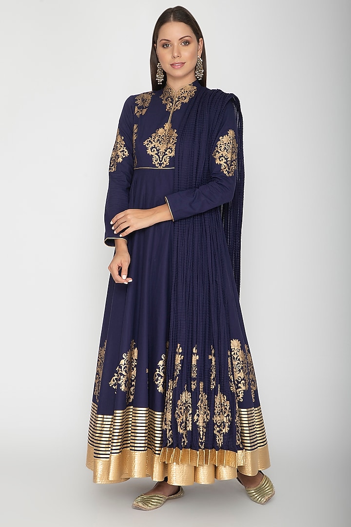Midnight Blue Block Printed Anarkali With Dupatta by Rohit Bal