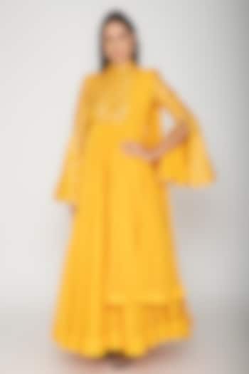 Yellow Embroidered Anarkali With Dupatta by Rohit Bal