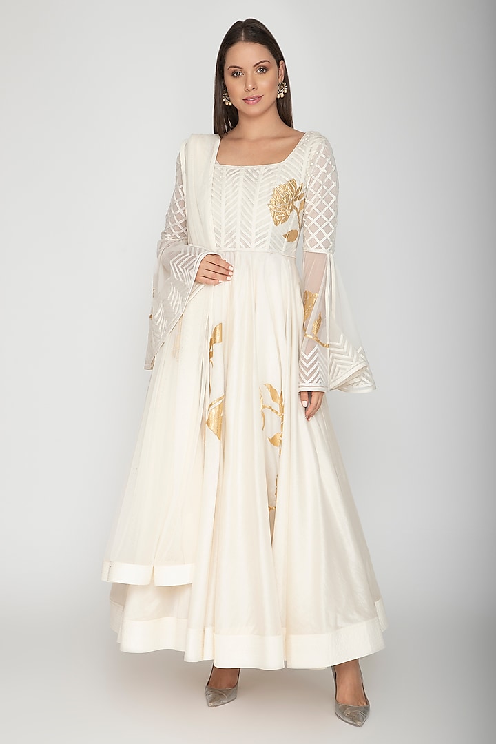 Ivory Embroidered Anarkali With Dupatta by Rohit Bal