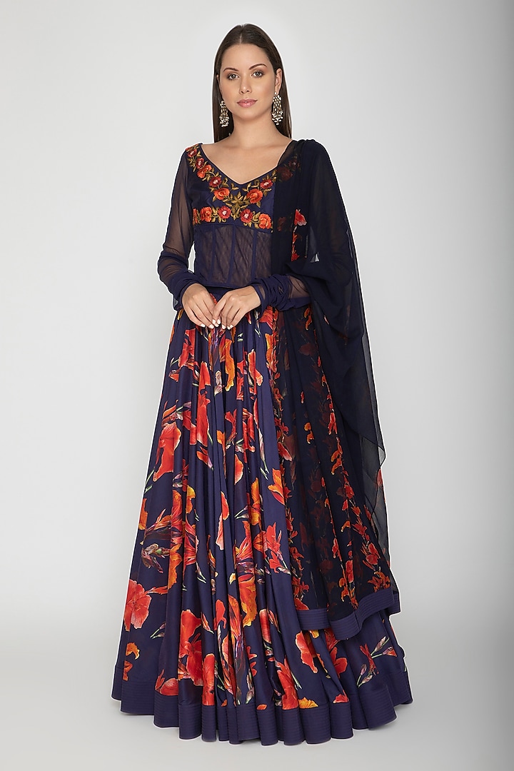 Indigo Blue Printed Embroidered Anarkali With Dupatta by Rohit Bal