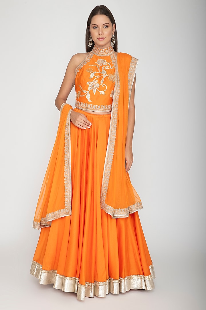 Orange Embroidered Lehenga Set by Rohit Bal