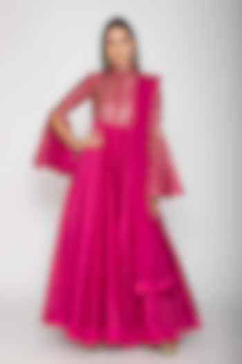 Fuchsia Embroidered Anarkali With Dupatta by Rohit Bal