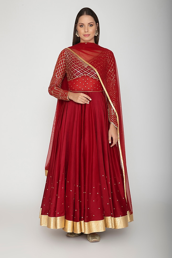 Maroon Sequins Embroidered Anarkali With Dupatta by Rohit Bal