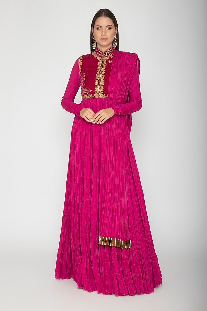 Fuchsia Embroidered Anarkali With Dupatta by Rohit Bal