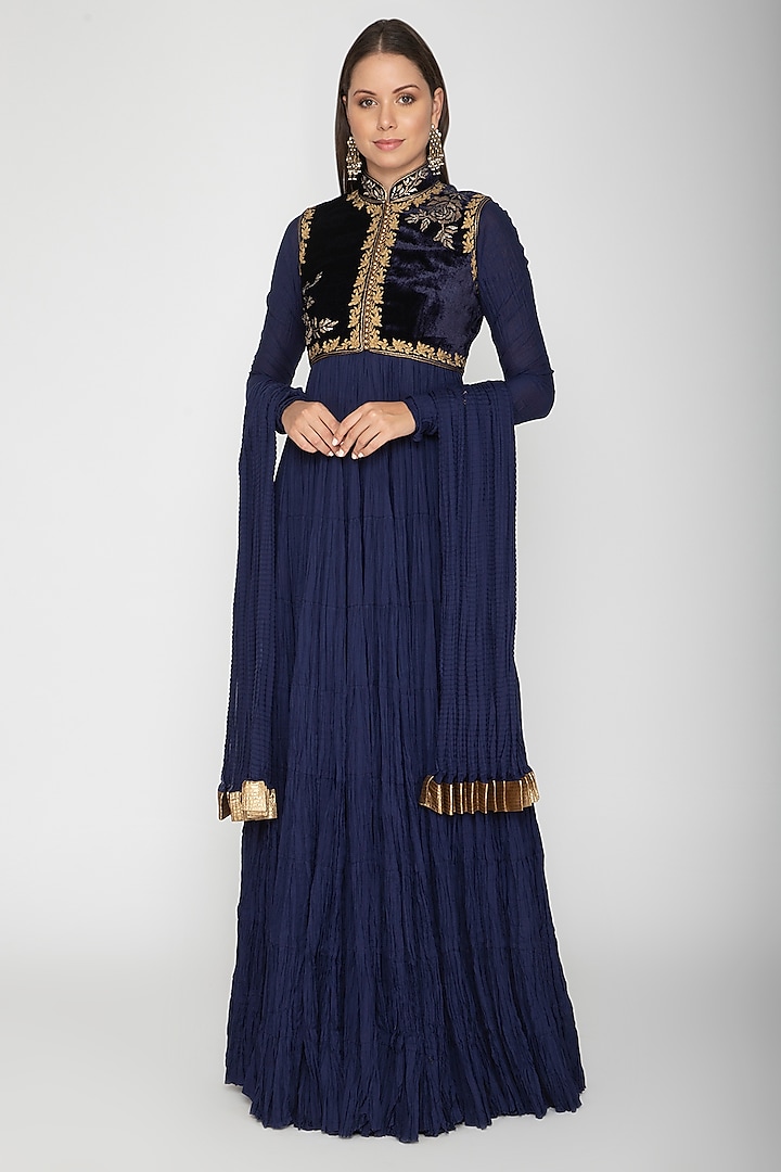 Indigo Blue Embroidered Anarkali With Dupatta by Rohit Bal