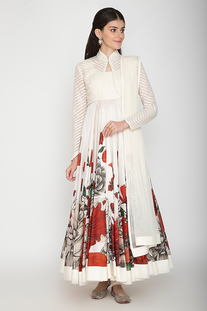Ivory Printed Anarkali With Dupatta by Rohit Bal