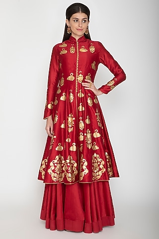 Bindi Red Foil Printed Kurta With Skirt by Rohit Bal