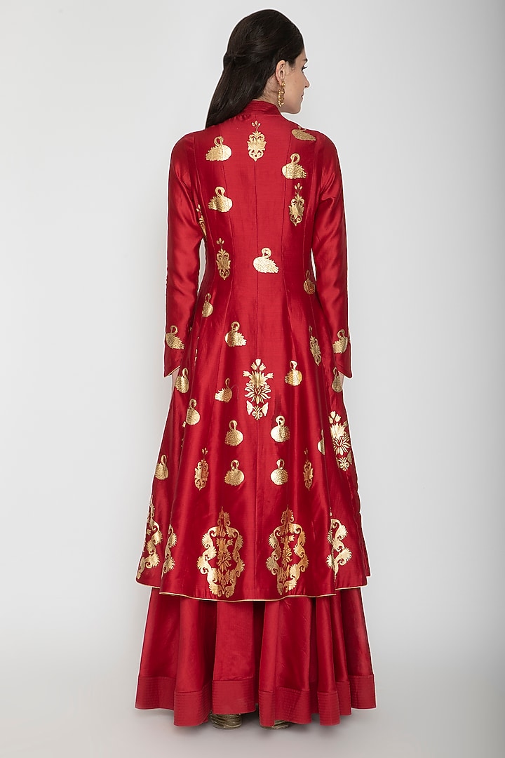 Bindi Red Foil Printed Kurta With Skirt by Rohit Bal at Pernia's Pop Up Shop