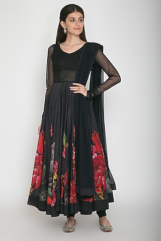 Black Digital Printed Anarkali Set by Rohit Bal