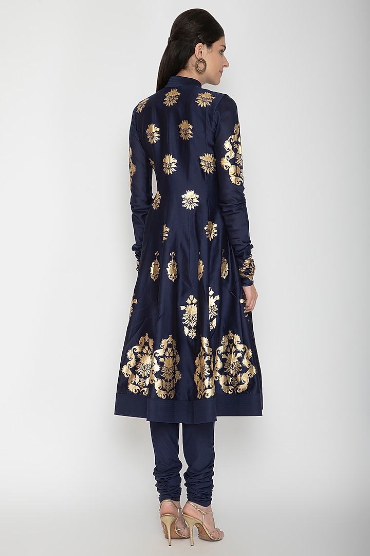 Indigo Blue Foil Printed Party Wear Anarkali Set by Rohit Bal at Pernia's Pop Up Shop