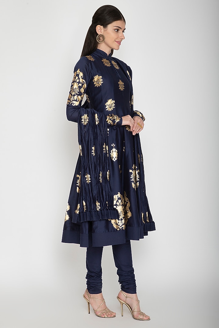 Indigo Blue Foil Printed Party Wear Anarkali Set by Rohit Bal at Pernia's Pop Up Shop