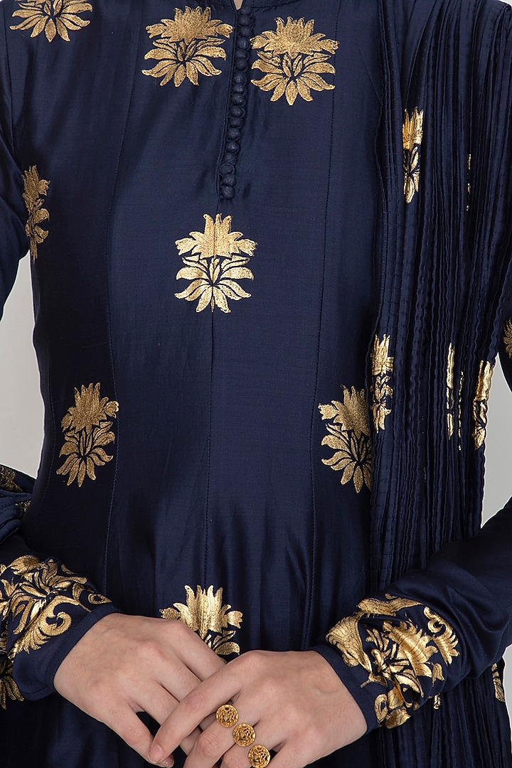Indigo Blue Foil Printed Party Wear Anarkali Set by Rohit Bal at Pernia's Pop Up Shop