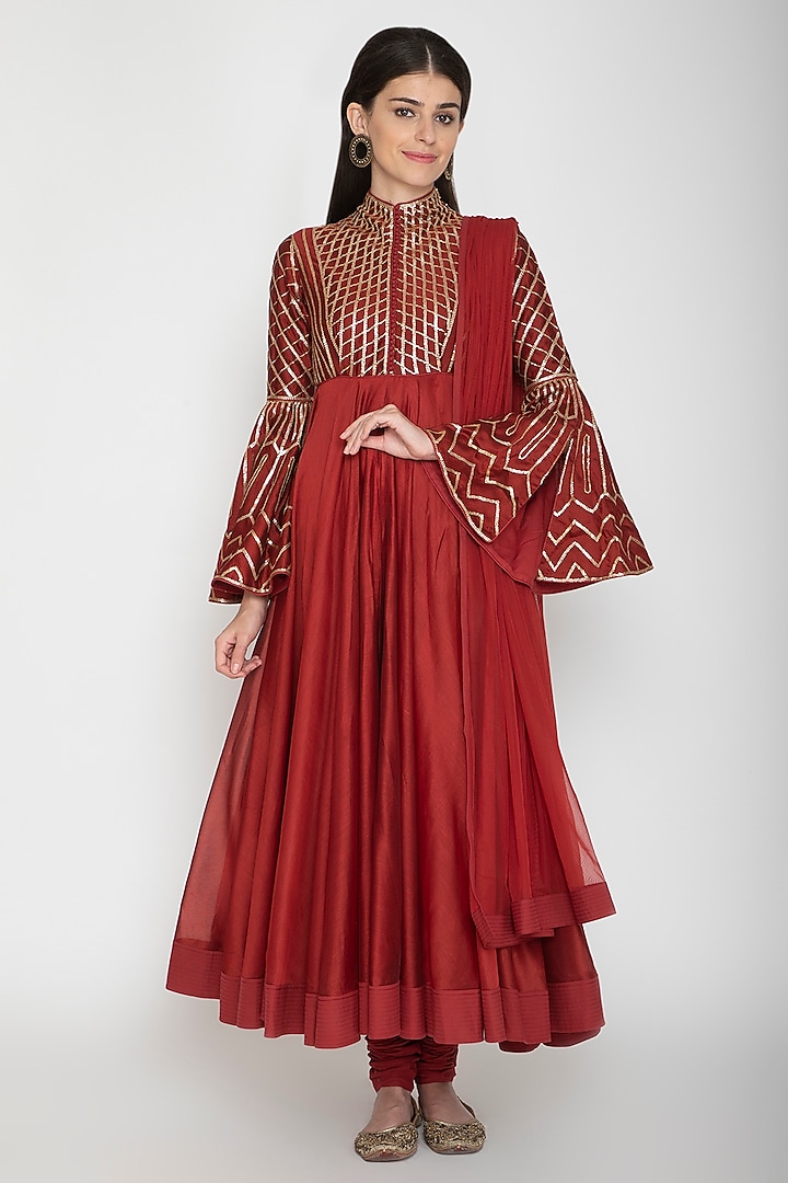 Wine Embroidered Chanderi Anarkali With Dupatta by Rohit Bal