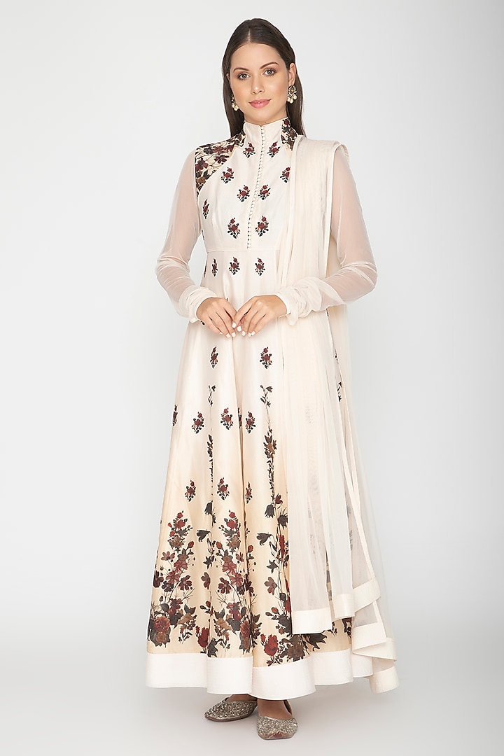 Ivory Digital Printed Anarkali With Dupatta by Rohit Bal