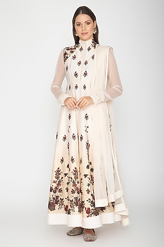 Ivory Digital Printed Anarkali With Dupatta by Rohit Bal